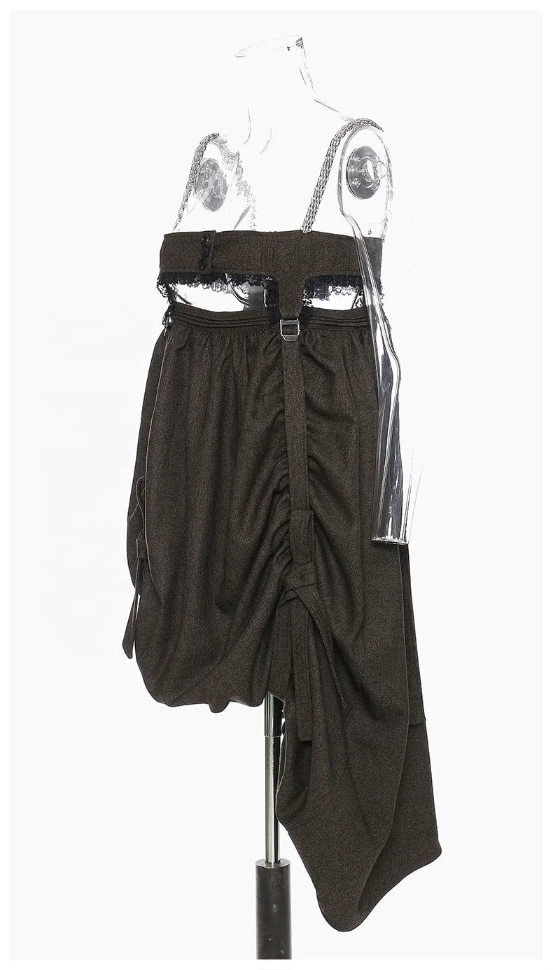 OUDINA Fashionable Chain Suspender Irregular Hem Pleated Casual Dresses Sexy Elegant Vintage Women Dress