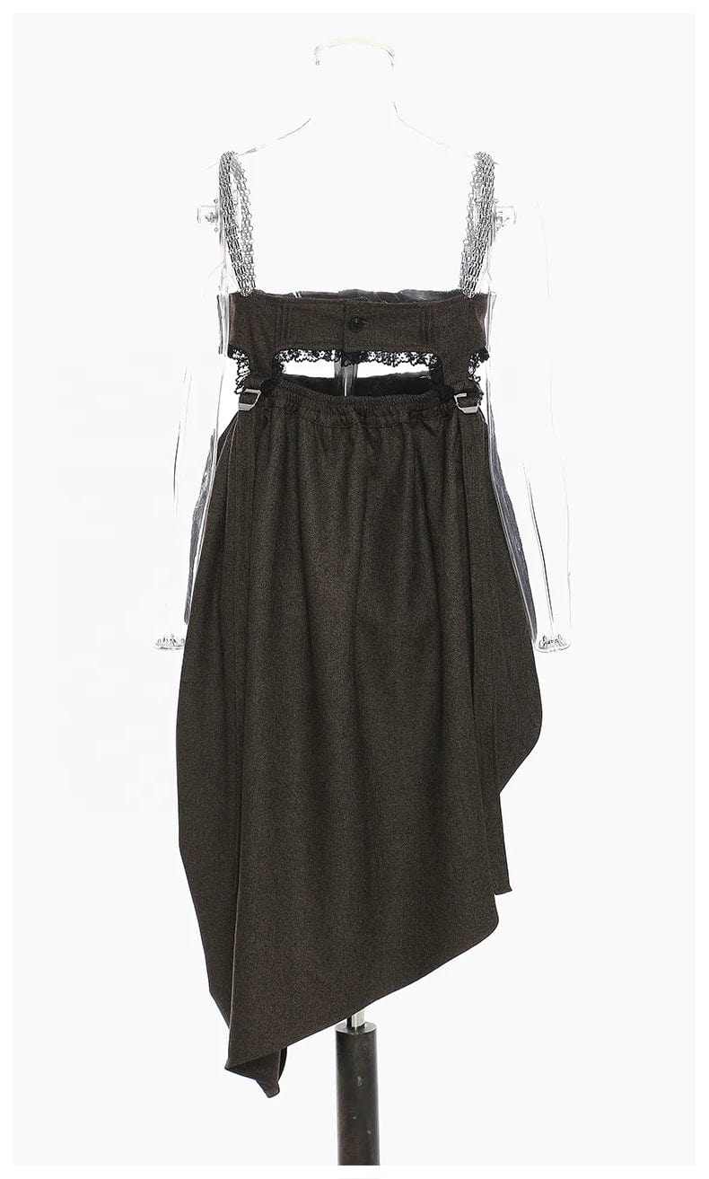 OUDINA Fashionable Chain Suspender Irregular Hem Pleated Casual Dresses Sexy Elegant Vintage Women Dress