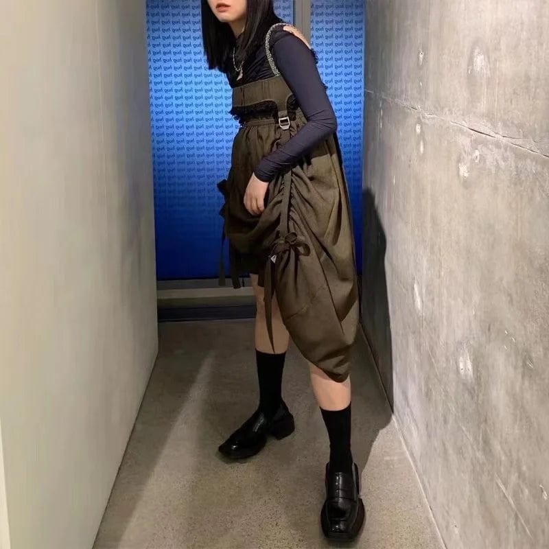 OUDINA Fashionable Chain Suspender Irregular Hem Pleated Casual Dresses Sexy Elegant Vintage Women Dress