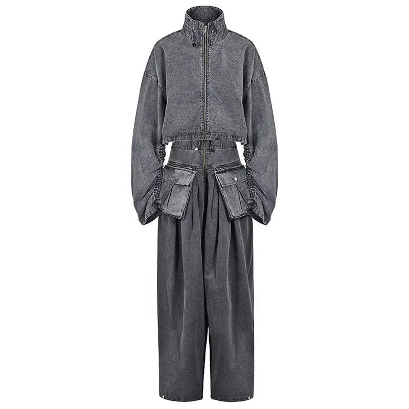 OUDINA Fashionable Denim Jacket Set Vintage High Waist Women Jean Pants Stand Neck Two Piece Set