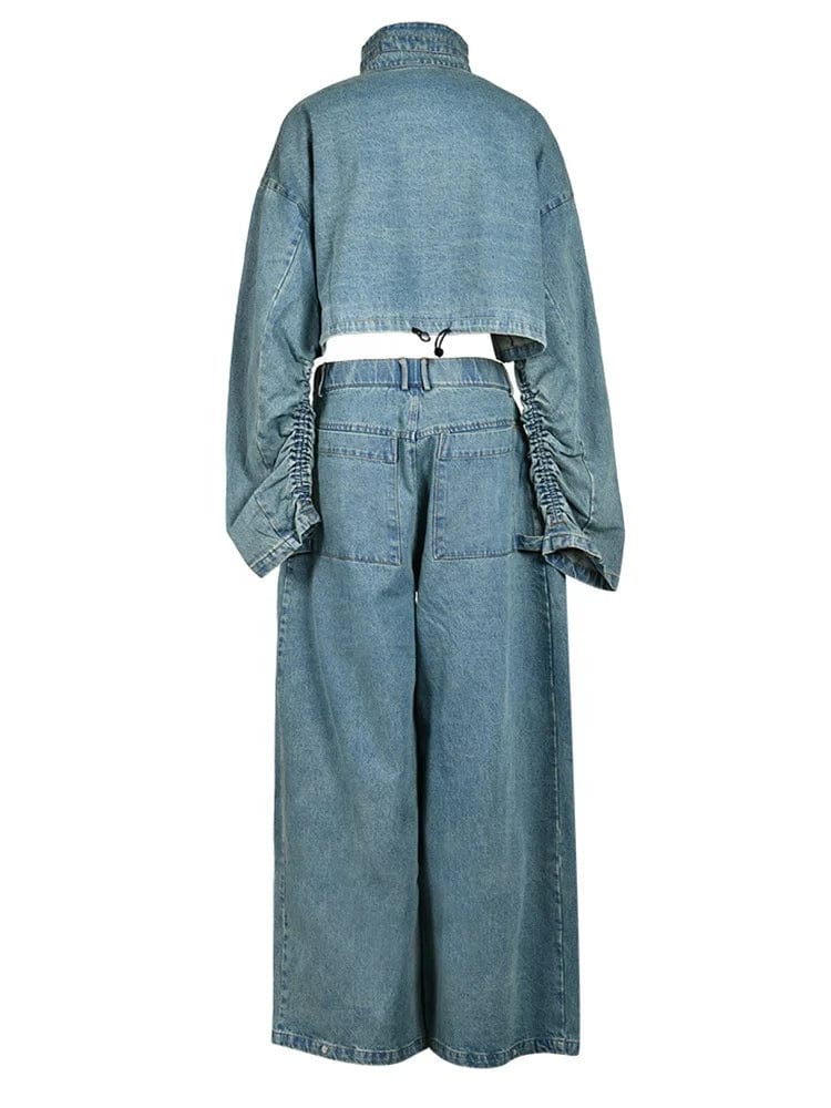 OUDINA Fashionable Denim Jacket Set Vintage High Waist Women Jean Pants Stand Neck Two Piece Set