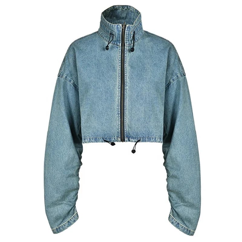 OUDINA Fashionable Denim Jacket Set Vintage High Waist Women Jean Pants Stand Neck Two Piece Set