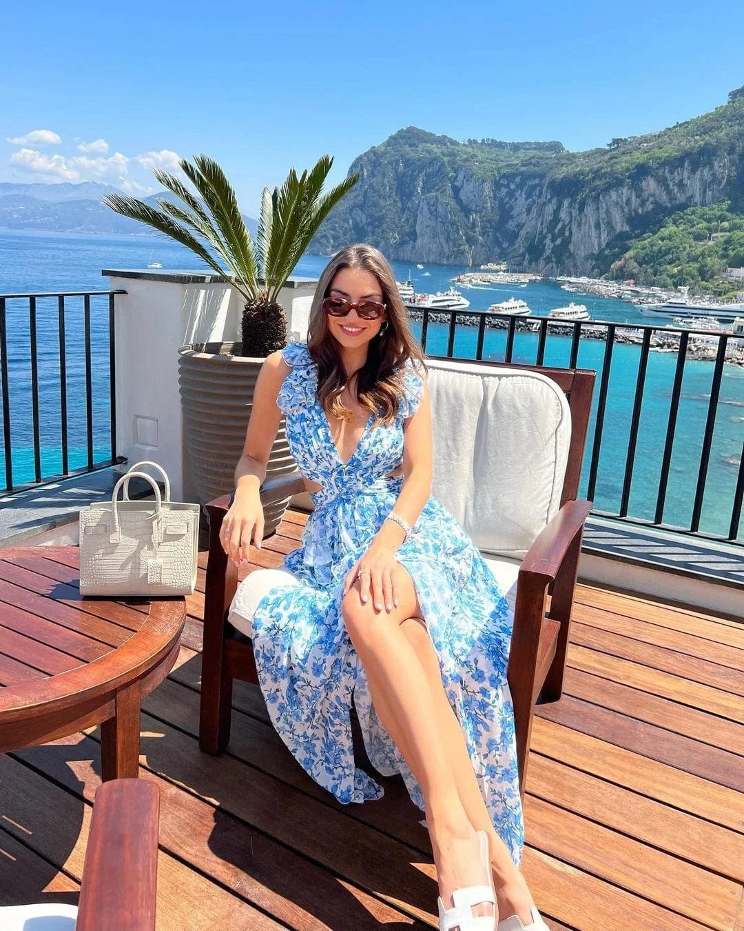 OUDINA Fashionable Hollow Sleeveless Backless Ruffled Long Elegant Floral Dress Women Casual Dresses