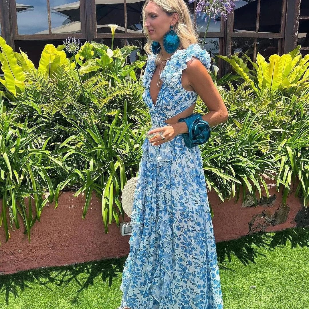 OUDINA Fashionable Hollow Sleeveless Backless Ruffled Long Elegant Floral Dress Women Casual Dresses