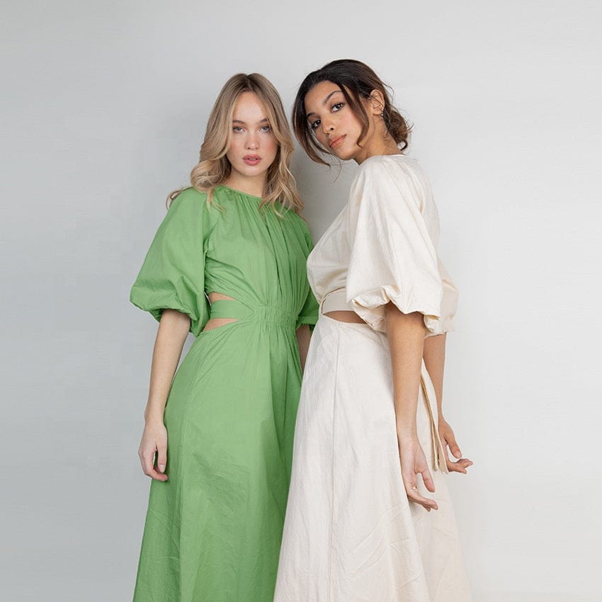 OUDINA Fashionable Loose Lace-up Hollow Puff Sleeve Cotton Pleated Long Womens Casual Dresses