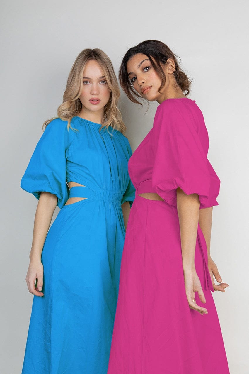 OUDINA Fashionable Loose Lace-up Hollow Puff Sleeve Cotton Pleated Long Womens Casual Dresses