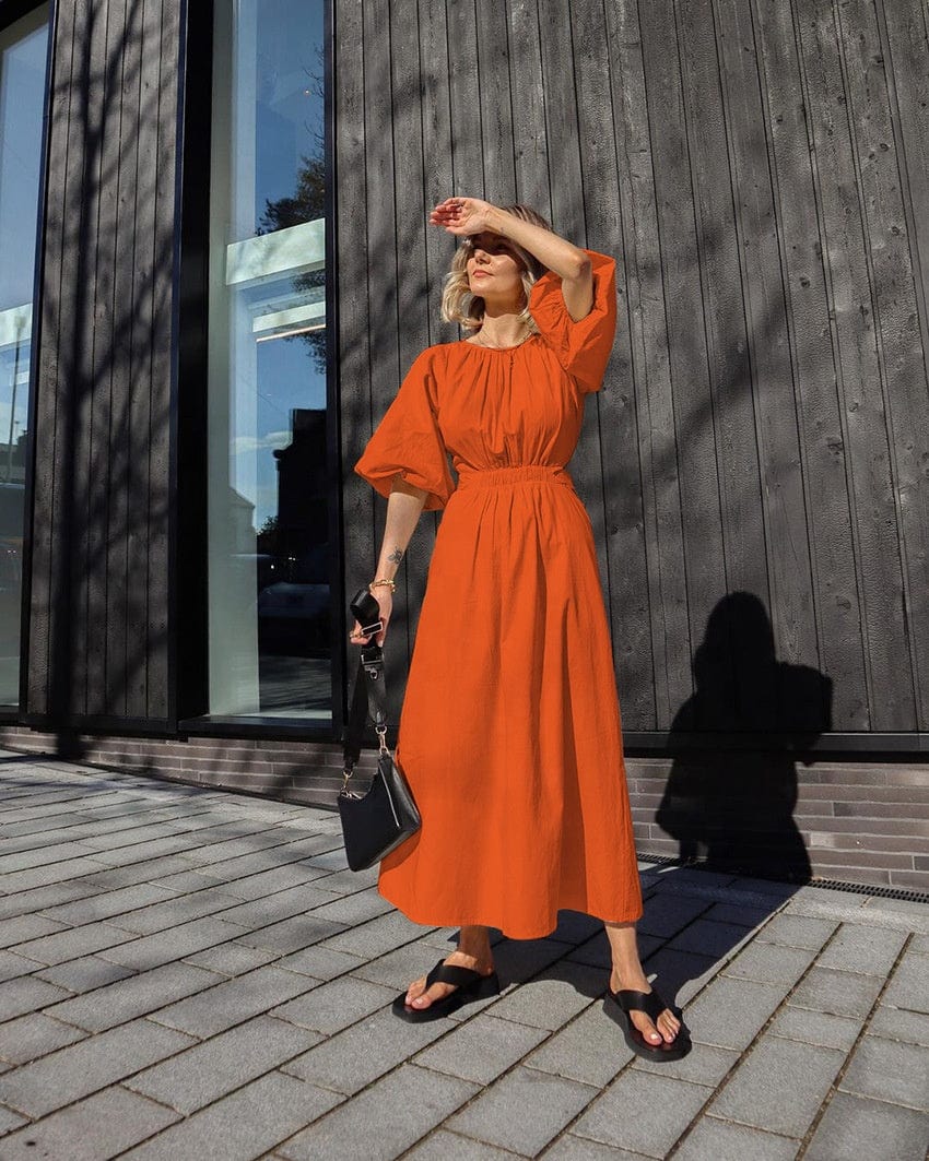 OUDINA Fashionable Loose Lace-up Hollow Puff Sleeve Cotton Pleated Long Womens Casual Dresses