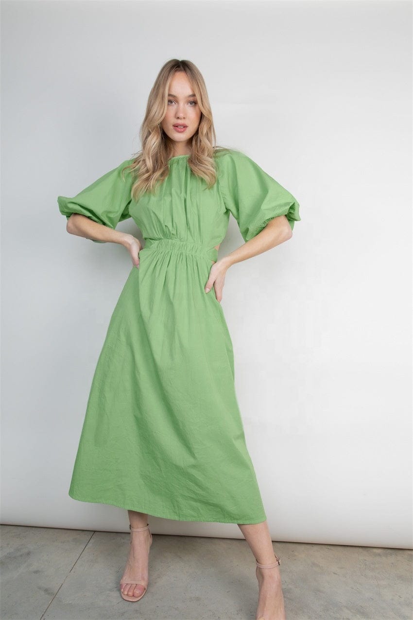 OUDINA Fashionable Loose Lace-up Hollow Puff Sleeve Cotton Pleated Long Womens Casual Dresses