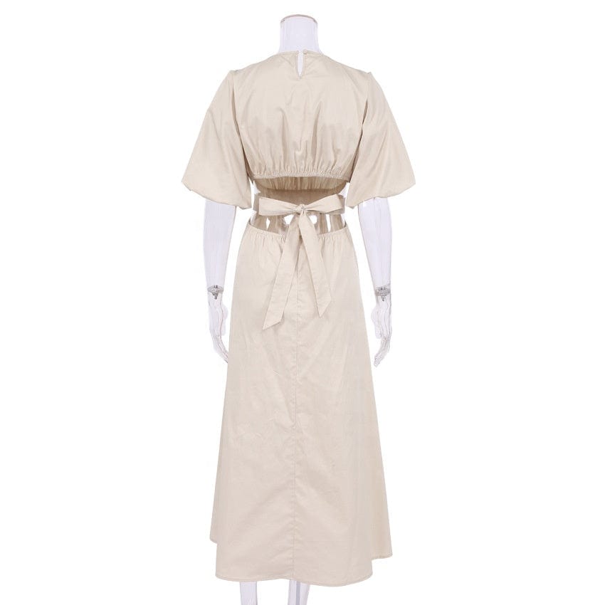 OUDINA Fashionable Loose Lace-up Hollow Puff Sleeve Cotton Pleated Long Womens Casual Dresses