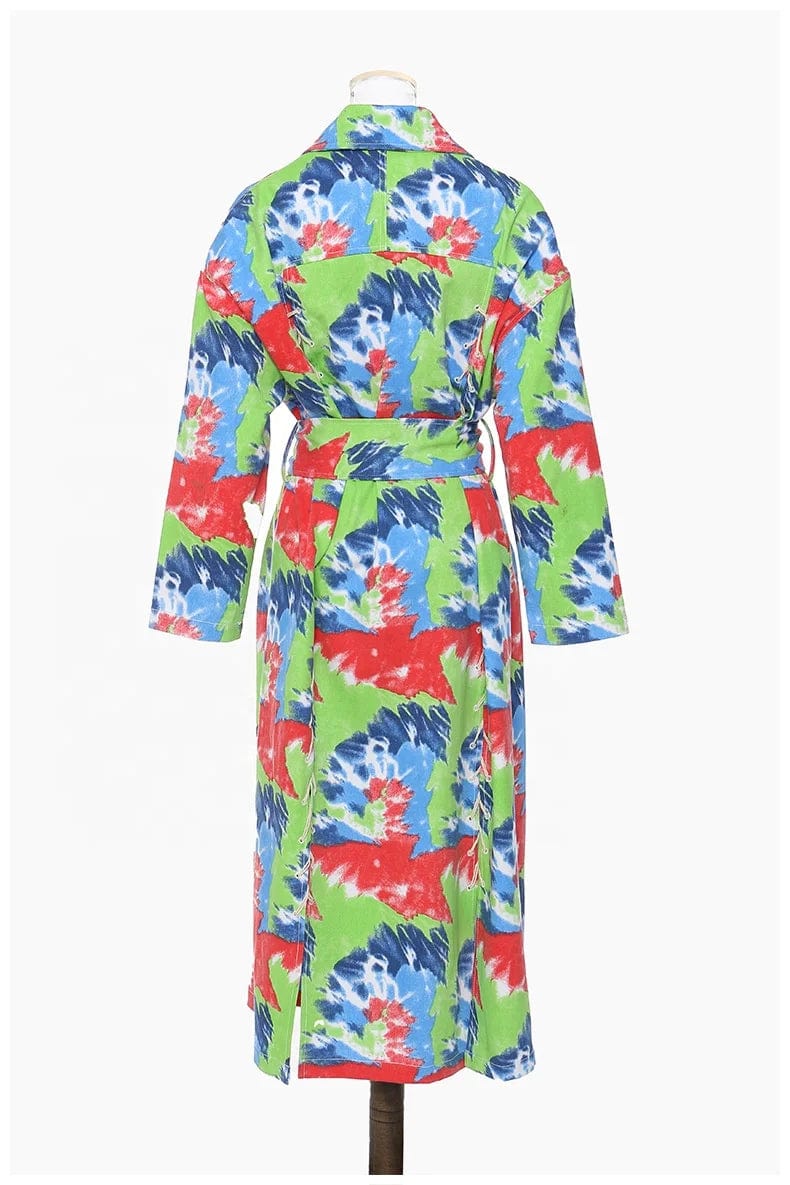 OUDINA Fashionable Vintage Graffiti Print Denim Jacket Windbreaker Trench Coats Womens Long Jacket