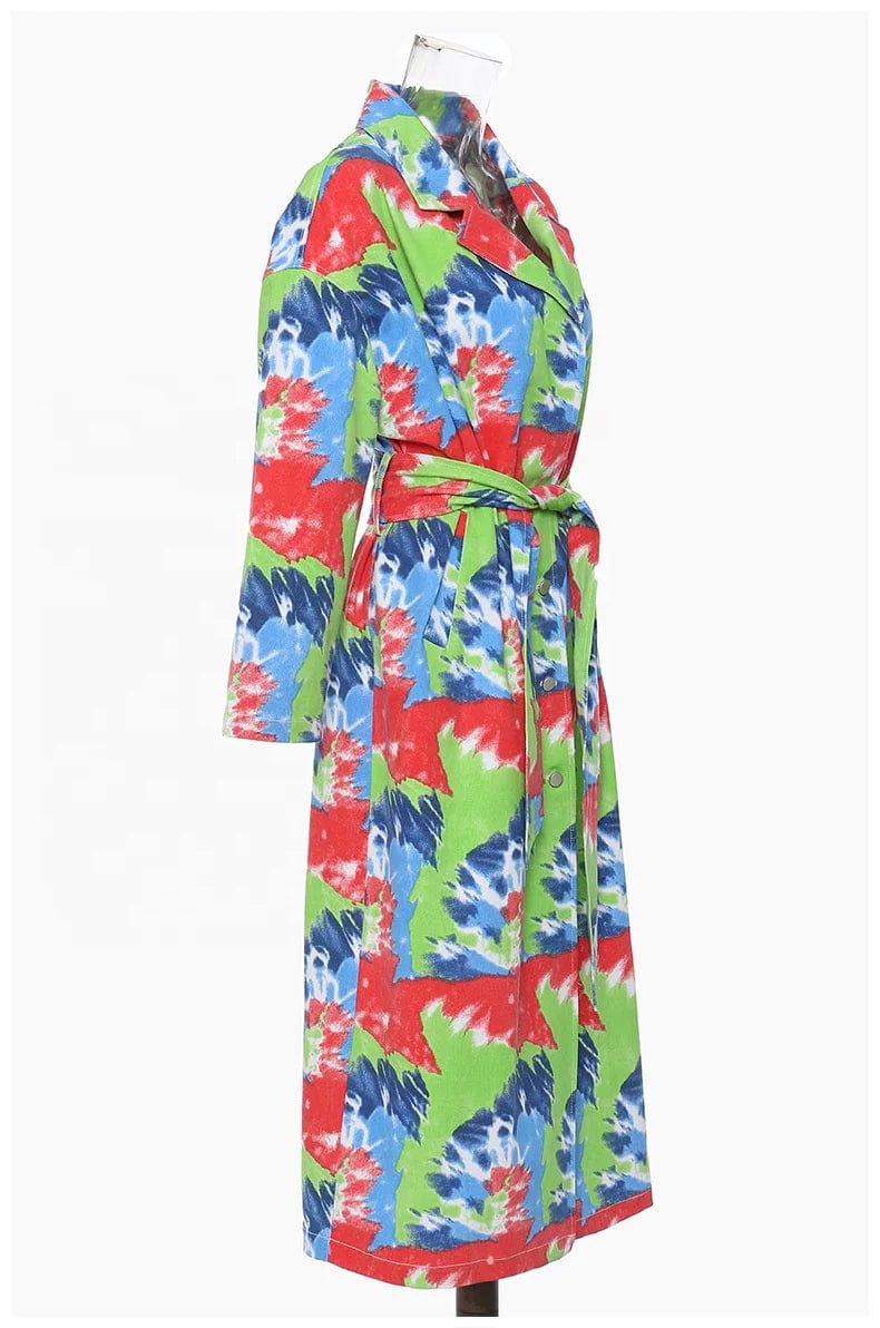 OUDINA Fashionable Vintage Graffiti Print Denim Jacket Windbreaker Trench Coats Womens Long Jacket