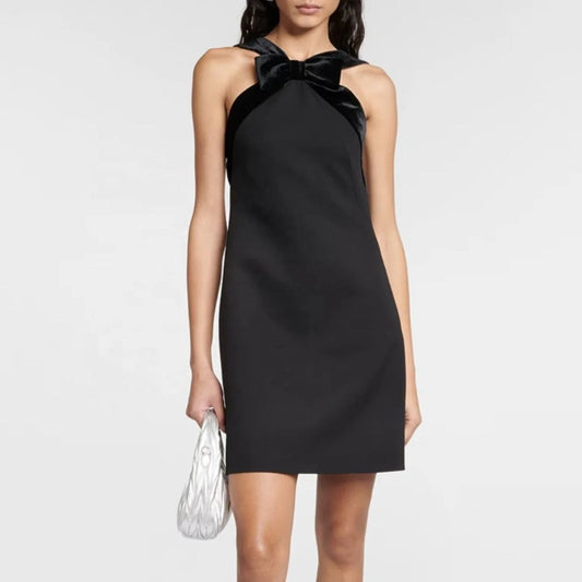 OUDINA French Elegant Retro Bow Velvet Dresses Stitching Large Backless Design New Summer Vest Ladies Dress