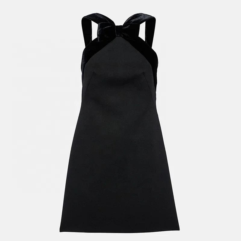 OUDINA French Elegant Retro Bow Velvet Dresses Stitching Large Backless Design New Summer Vest Ladies Dress