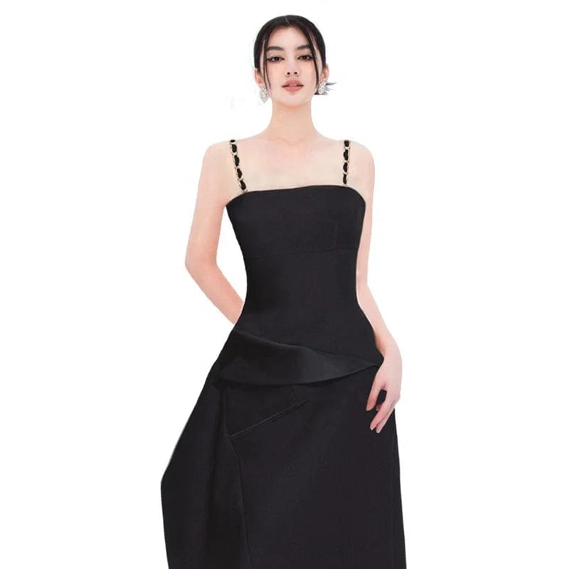 OUDINA French Lady Style Black Elegant Diamond Chain Knitted Bodycon Dress Dinner Long Dresses For Women