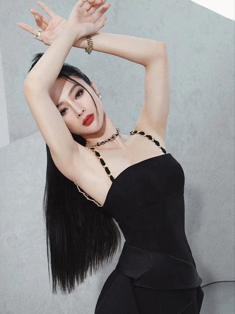 OUDINA French Lady Style Black Elegant Diamond Chain Knitted Bodycon Dress Dinner Long Dresses For Women