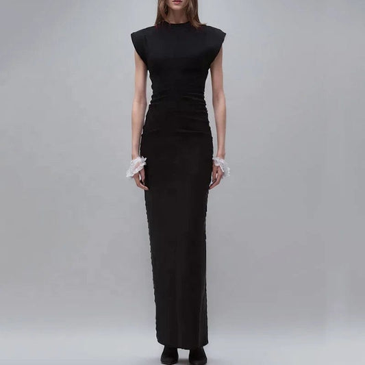 OUDINA French Pleated Knit Dress Spring New Lady Elegant Sleeveless Waist Slimming Long Dresses Women