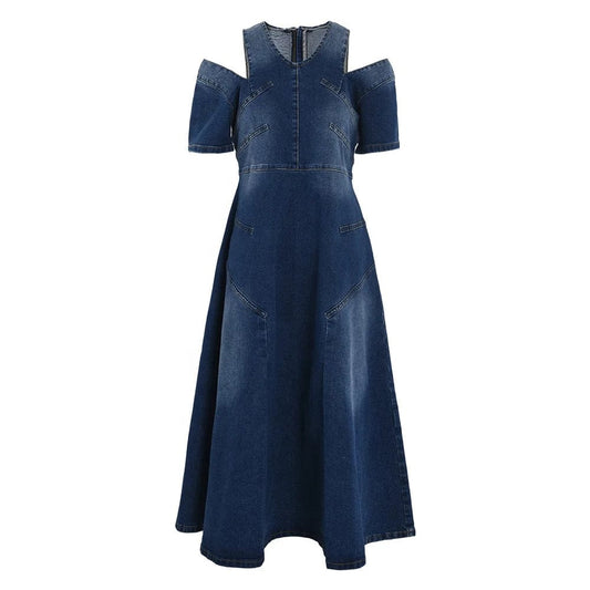 OUDINA French Style Short Sleeve Denim Long Dress For Women New Off-shoulder Versatile Mid-length Hem Casual Dresses