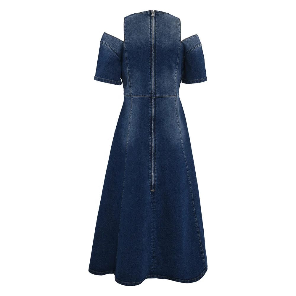OUDINA French Style Short Sleeve Denim Long Dress For Women New Off-shoulder Versatile Mid-length Hem Casual Dresses