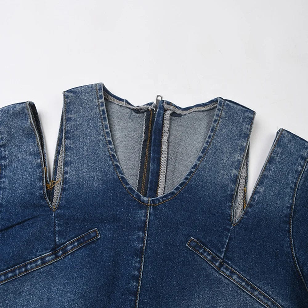 OUDINA French Style Short Sleeve Denim Long Dress For Women New Off-shoulder Versatile Mid-length Hem Casual Dresses