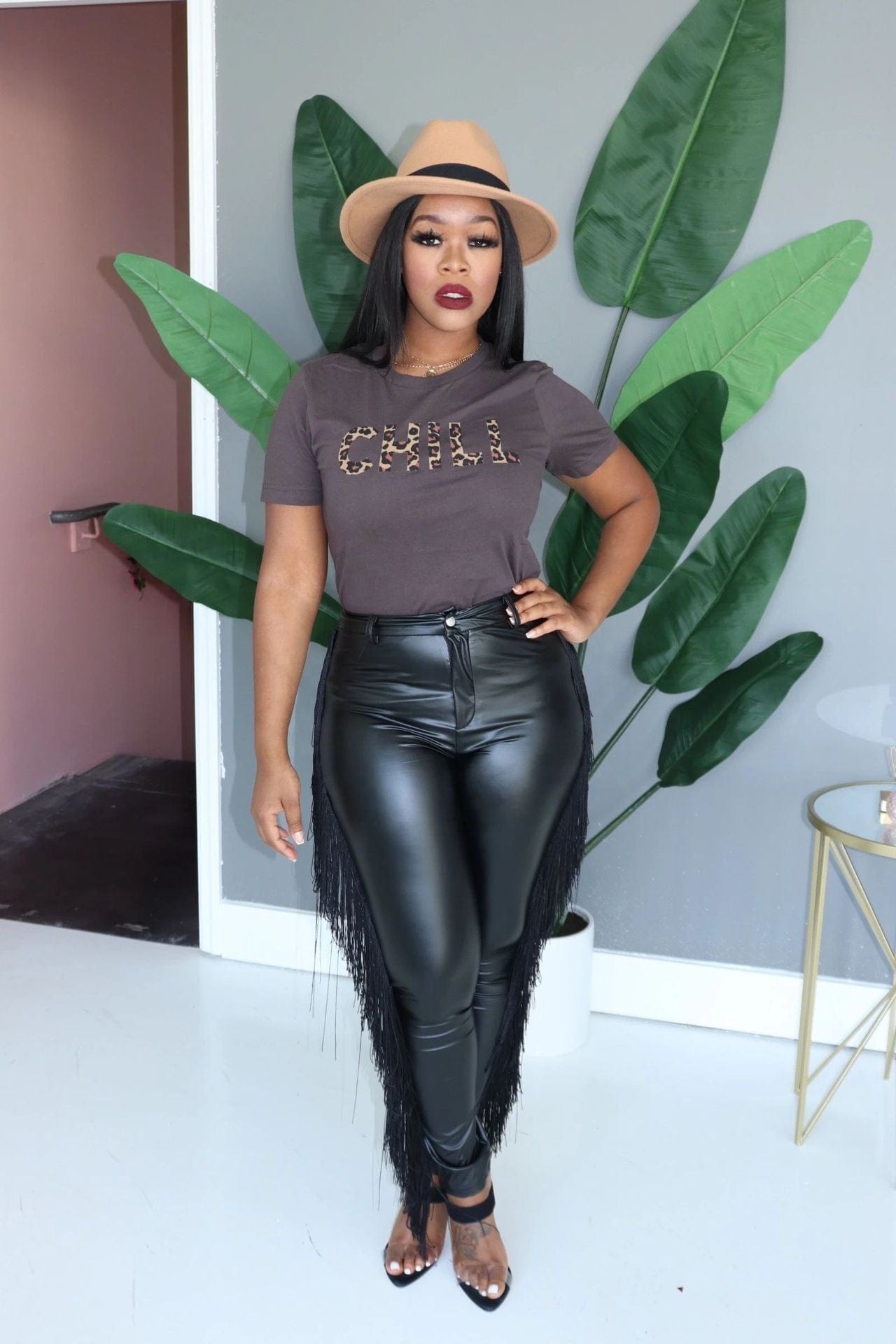 OUDINA GuangZhou Fashion Casual Solid Color Tassel High Stretch Skinny Trousers Black Leather Pants