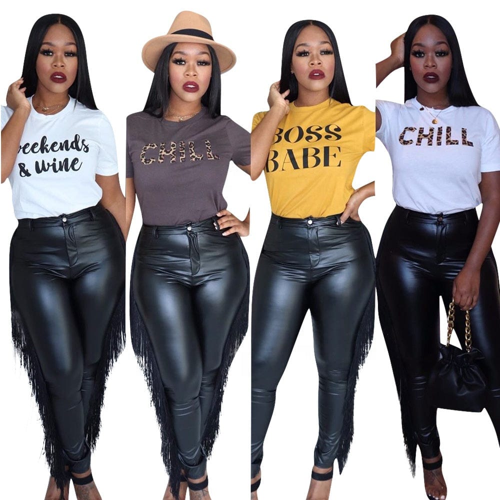 OUDINA GuangZhou Fashion Casual Solid Color Tassel High Stretch Skinny Trousers Black Leather Pants