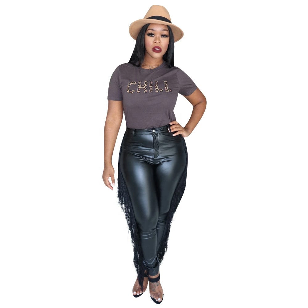 OUDINA GuangZhou Fashion Casual Solid Color Tassel High Stretch Skinny Trousers Black Leather Pants