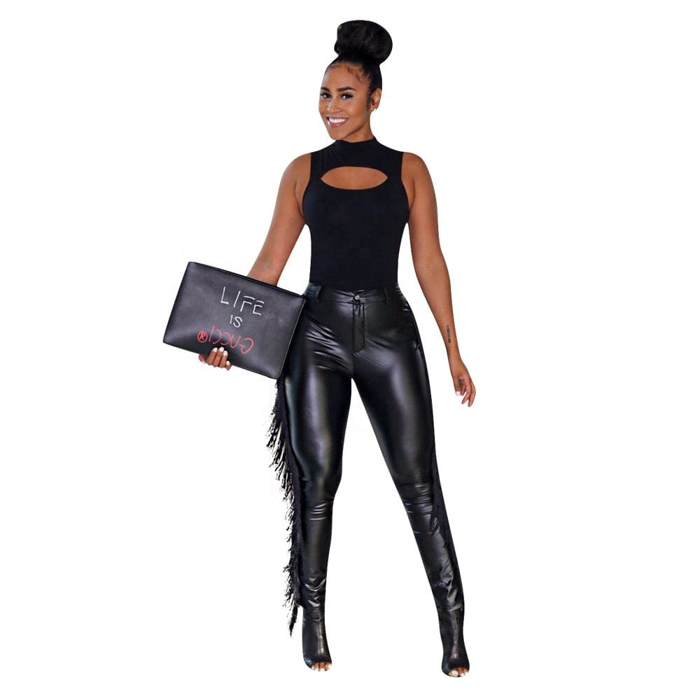 OUDINA GuangZhou Fashion Casual Solid Color Tassel High Stretch Skinny Trousers Black Leather Pants