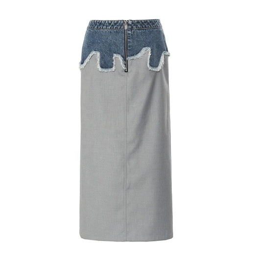 OUDINA High Waist Gray Zipper Patchwork Denim Pencil Straight Skirt Female Cargo Long Skirts For Women