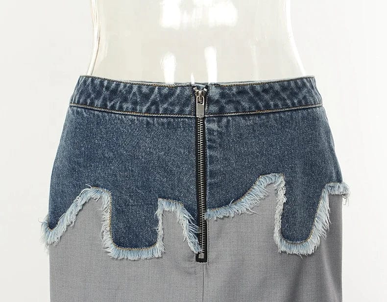 OUDINA High Waist Gray Zipper Patchwork Denim Pencil Straight Skirt Female Cargo Long Skirts For Women