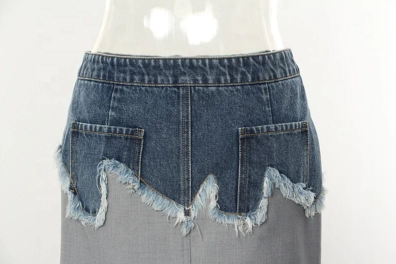 OUDINA High Waist Gray Zipper Patchwork Denim Pencil Straight Skirt Female Cargo Long Skirts For Women