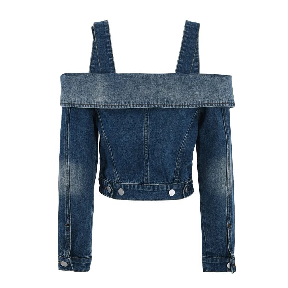 OUDINA Hong Kong Style Retro One-shoulder Crop Top Denim Jean Jacket For Women New Off Shoulder Denim Top