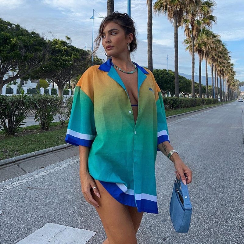 OUDINA Hot Sale Ladies Contrast Color Urban Print Lapel Single Breasted Loose Vacation Casual Shirt