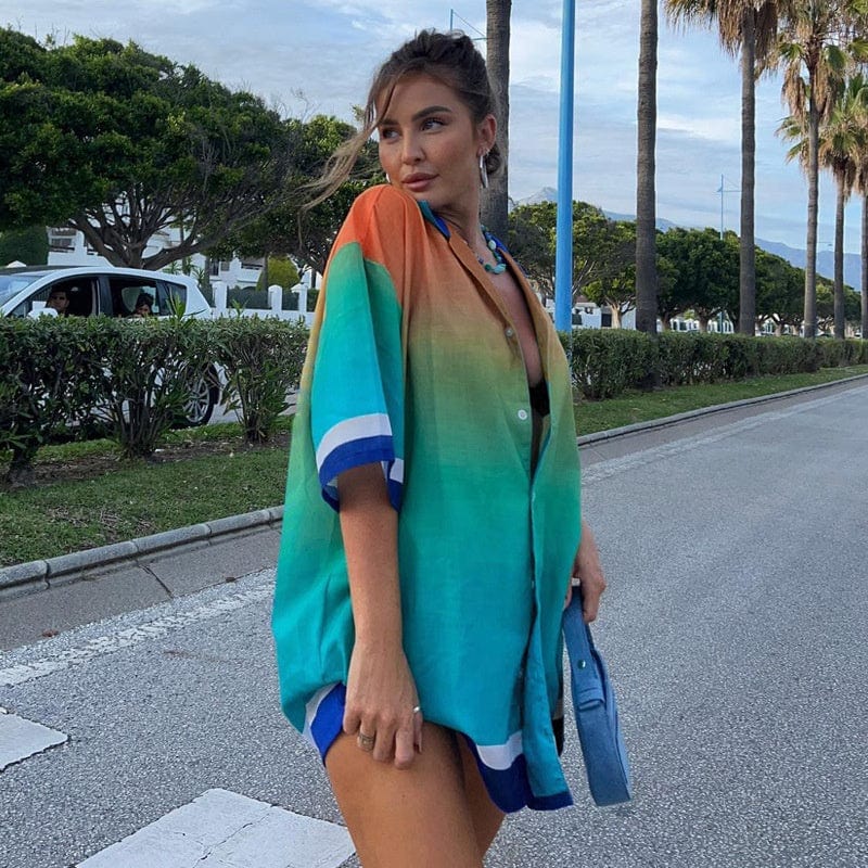 OUDINA Hot Sale Ladies Contrast Color Urban Print Lapel Single Breasted Loose Vacation Casual Shirt