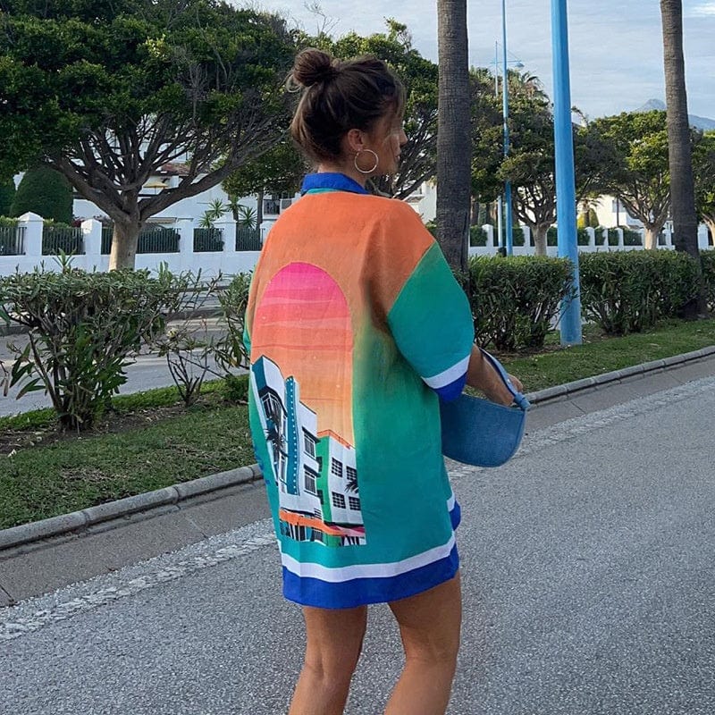 OUDINA Hot Sale Ladies Contrast Color Urban Print Lapel Single Breasted Loose Vacation Casual Shirt