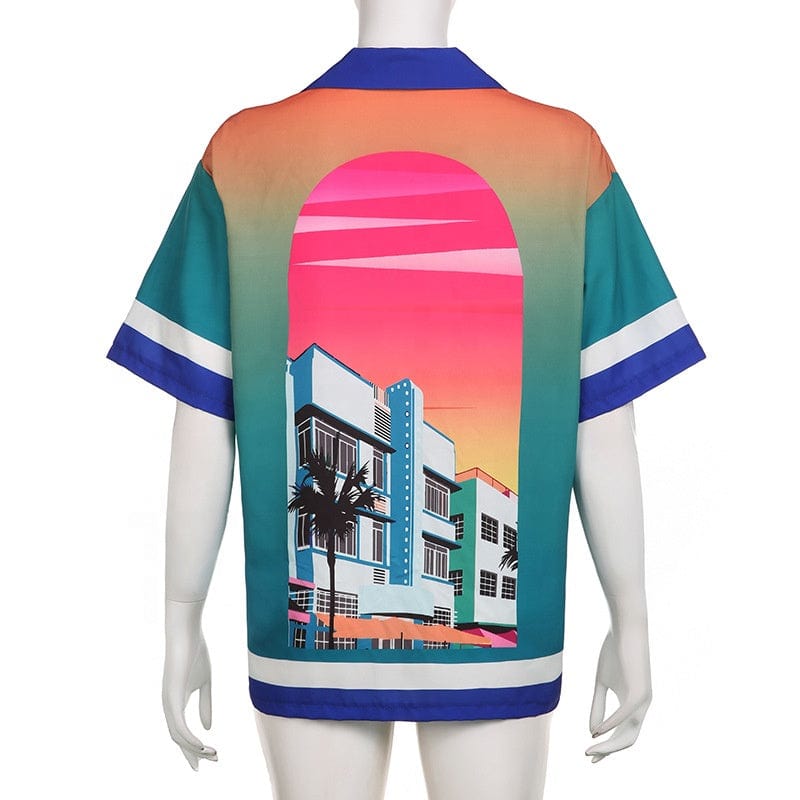 OUDINA Hot Sale Ladies Contrast Color Urban Print Lapel Single Breasted Loose Vacation Casual Shirt