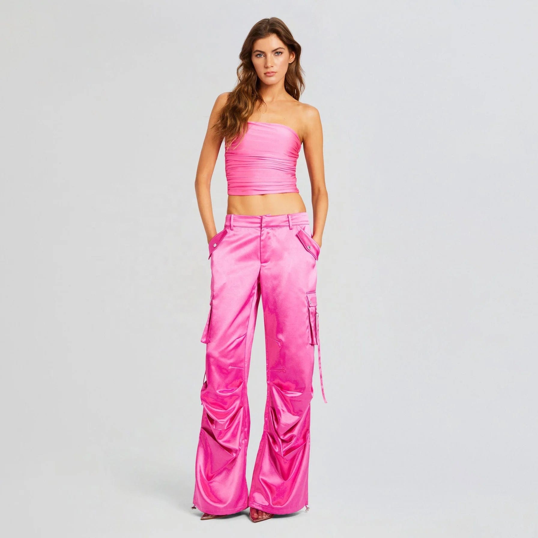 OUDINA Hot Sale Style Pleated Low Waist Pants For Ladies Overall Pocket Splicing Straight Trousers For Women