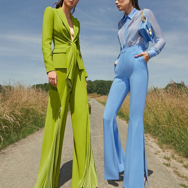 OUDINA Hotselling Wholesale Pleated Zipper Trousers Tie-up Suit Tuxedo Blazers Two Piece Sets Women's Suits Blazer