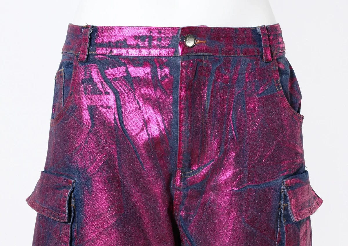 OUDINA Ladies Street Purple hot stamping 6 Pocket Loose Casual Trousers Denim Wide Leg Pants Jeans Cargo Women