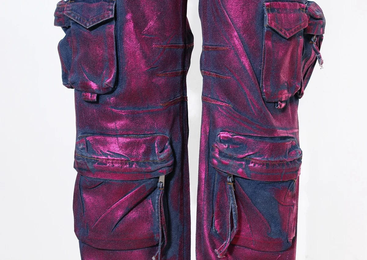 OUDINA Ladies Street Purple hot stamping 6 Pocket Loose Casual Trousers Denim Wide Leg Pants Jeans Cargo Women