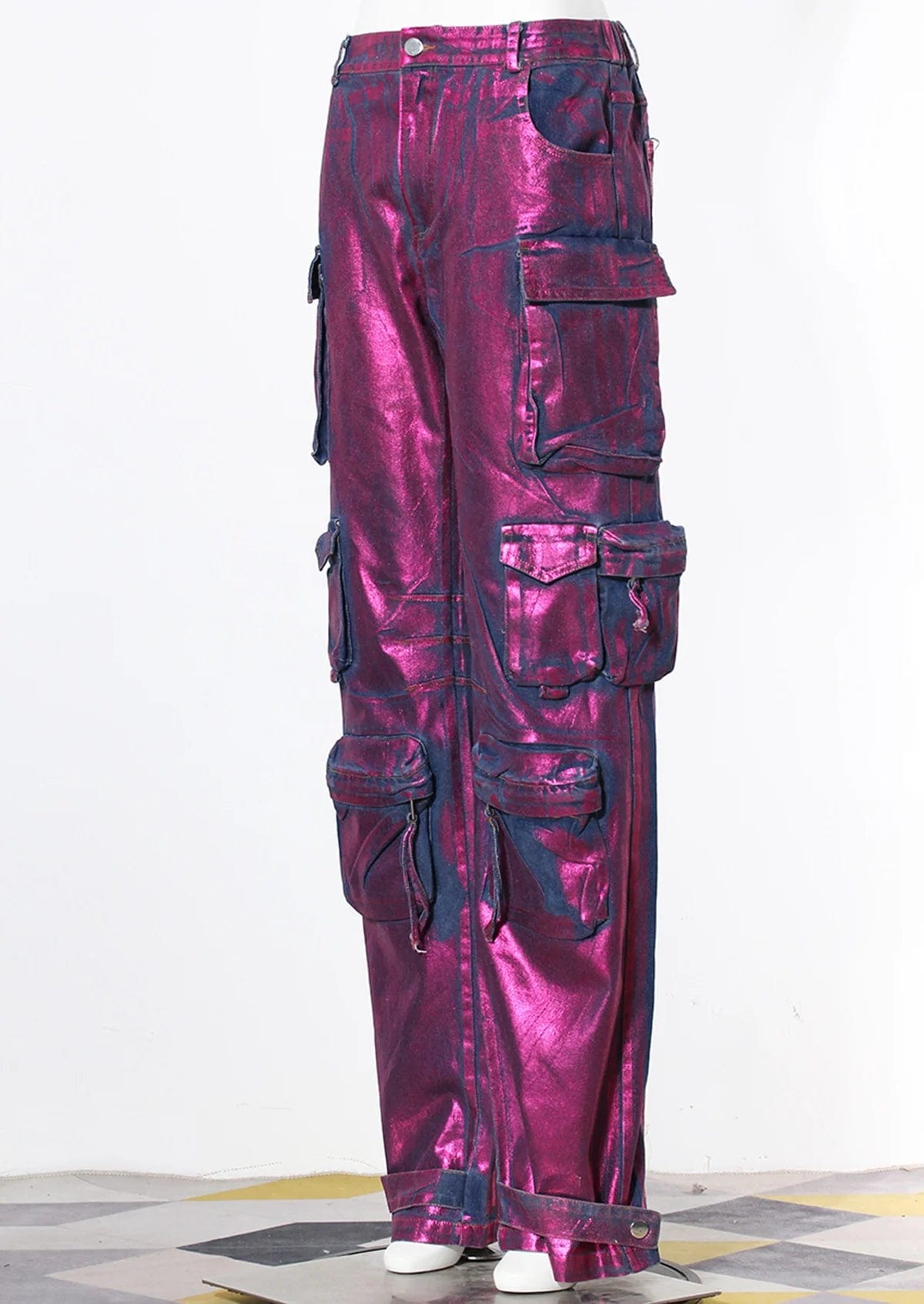 OUDINA Ladies Street Purple hot stamping 6 Pocket Loose Casual Trousers Denim Wide Leg Pants Jeans Cargo Women