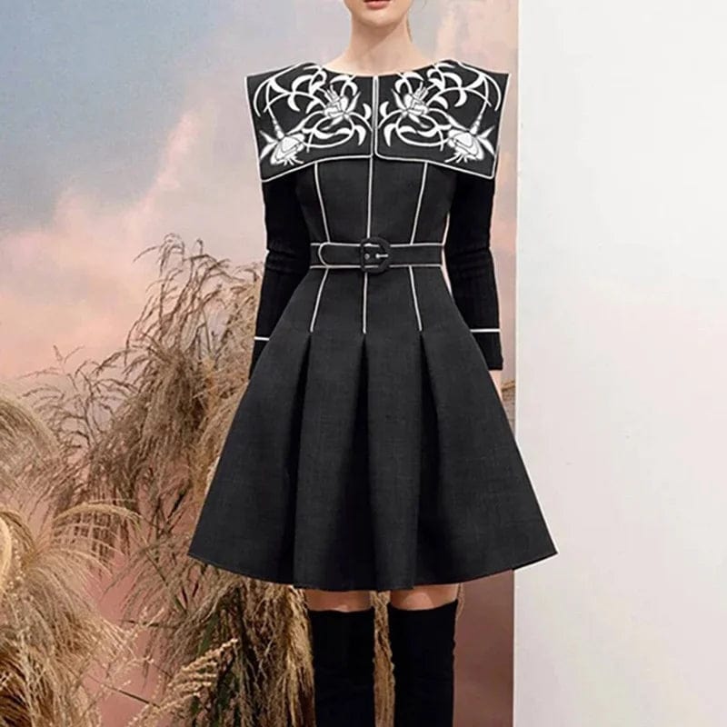 OUDINA National Style Retro Heavy Industry Flower Embroidery Waist Dress Square Neck Design Ruffle Dresses Women