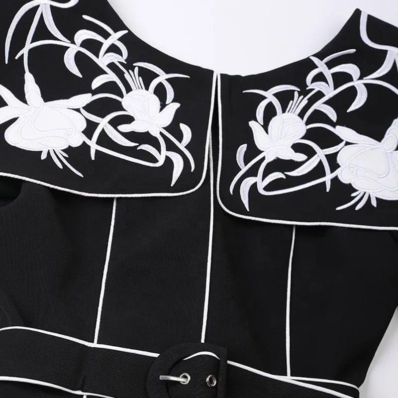 OUDINA National Style Retro Heavy Industry Flower Embroidery Waist Dress Square Neck Design Ruffle Dresses Women
