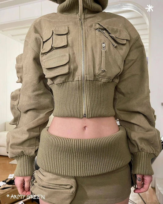 OUDINA New Arrivals Zipper Cargo Jacket Mini Skirt Two Pieces Sets Women Clothing 2 Piece Set Women's Sets