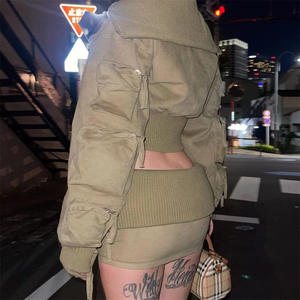 OUDINA New Arrivals Zipper Cargo Jacket Mini Skirt Two Pieces Sets Women Clothing 2 Piece Set Women's Sets