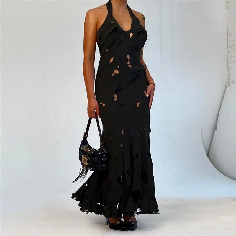 OUDINA New Backless Dress Sexy Women Sleeveless Suspender Hole Low Collar Bodycon Ladies Long Dress