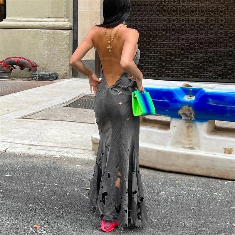 OUDINA New Backless Dress Sexy Women Sleeveless Suspender Hole Low Collar Bodycon Ladies Long Dress