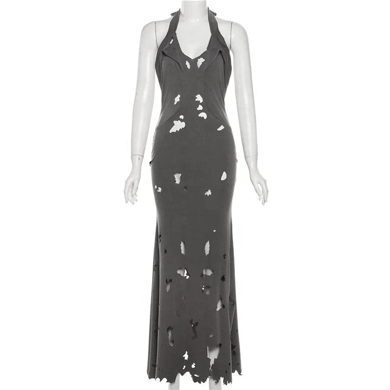 OUDINA New Backless Dress Sexy Women Sleeveless Suspender Hole Low Collar Bodycon Ladies Long Dress