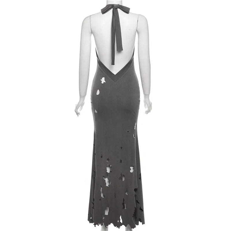 OUDINA New Backless Dress Sexy Women Sleeveless Suspender Hole Low Collar Bodycon Ladies Long Dress