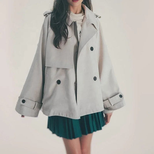 OUDINA New British Style Short Trench Coat Lapel Design Double Breasted Casual Ladies Jackets And Coats