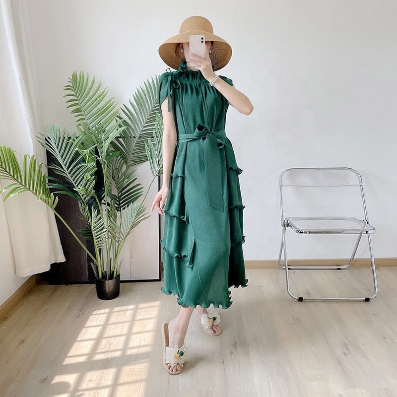 OUDINA New Clothes Loose Elegant Fungus Lace Belt Pleated Dress Vintage Women Casual Dresses